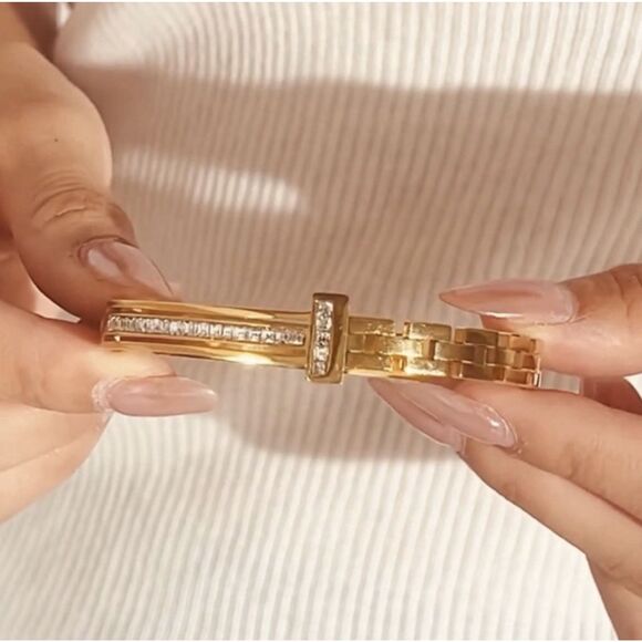 👠 Gold Link Cz Diamond Bangle Bracelet - Picture 15 of 17